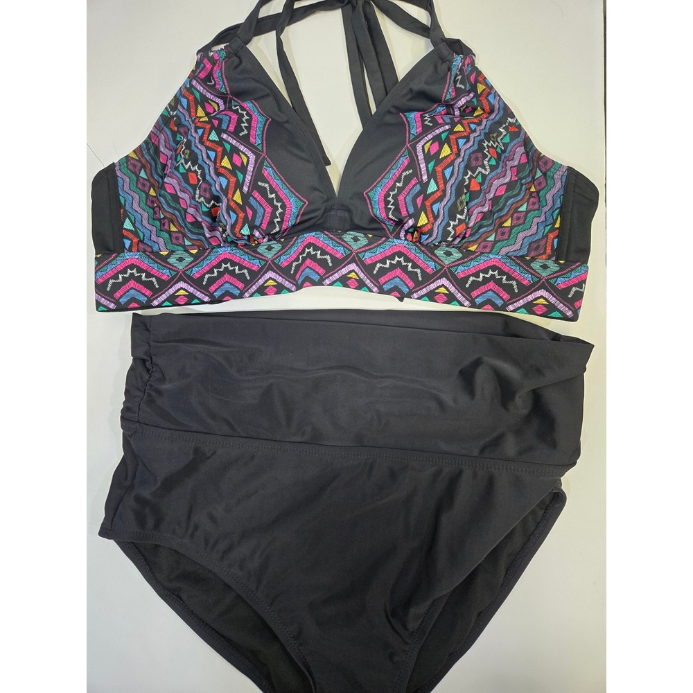 Swimsuits For All Boho Geometric Embroidered Halter High Waist Bikini Set 14